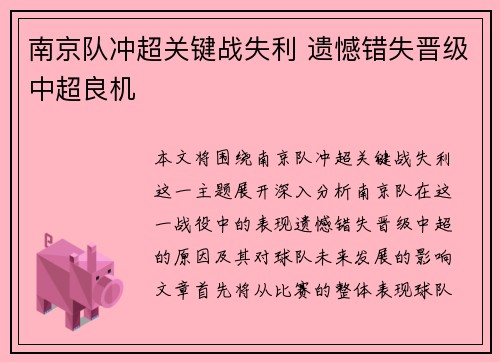 南京队冲超关键战失利 遗憾错失晋级中超良机 南京队冲超关键战失利 遗憾错失晋级中超良机